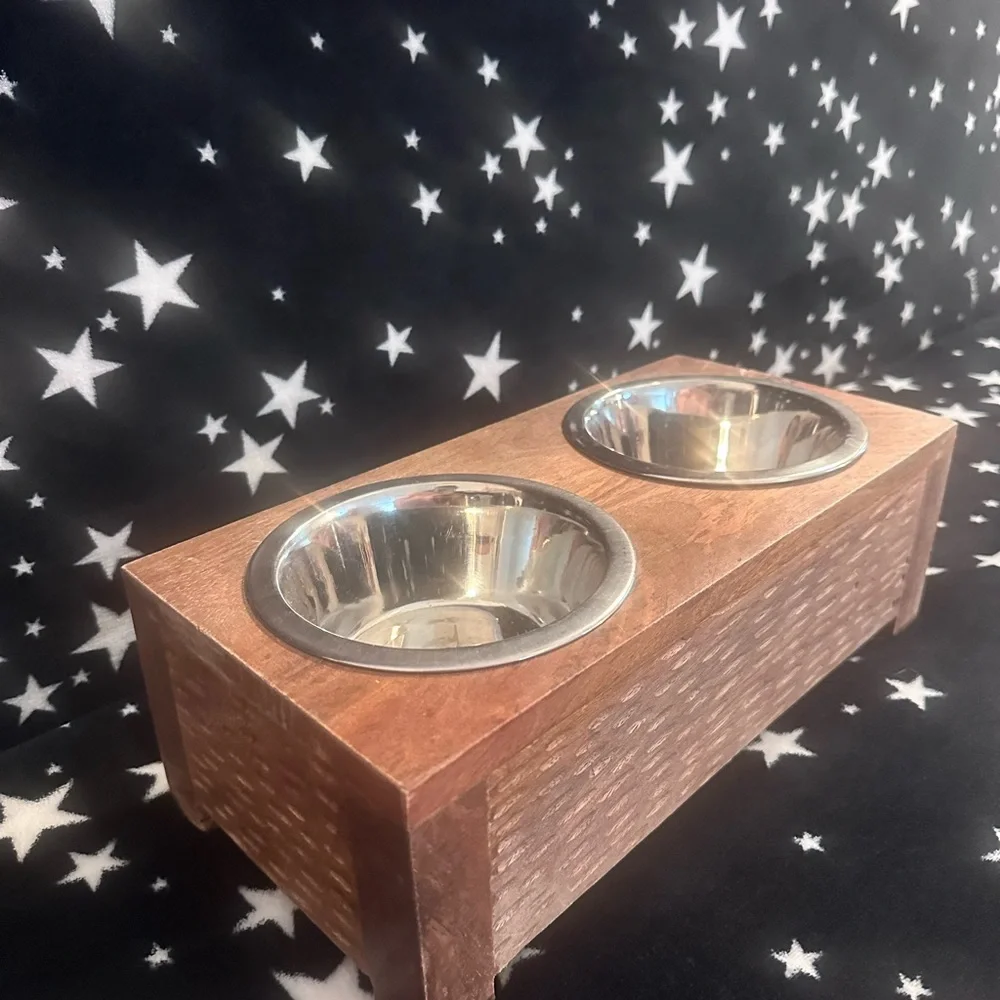 Wooden Double Pet Feeder with Stainless Steel Bowls